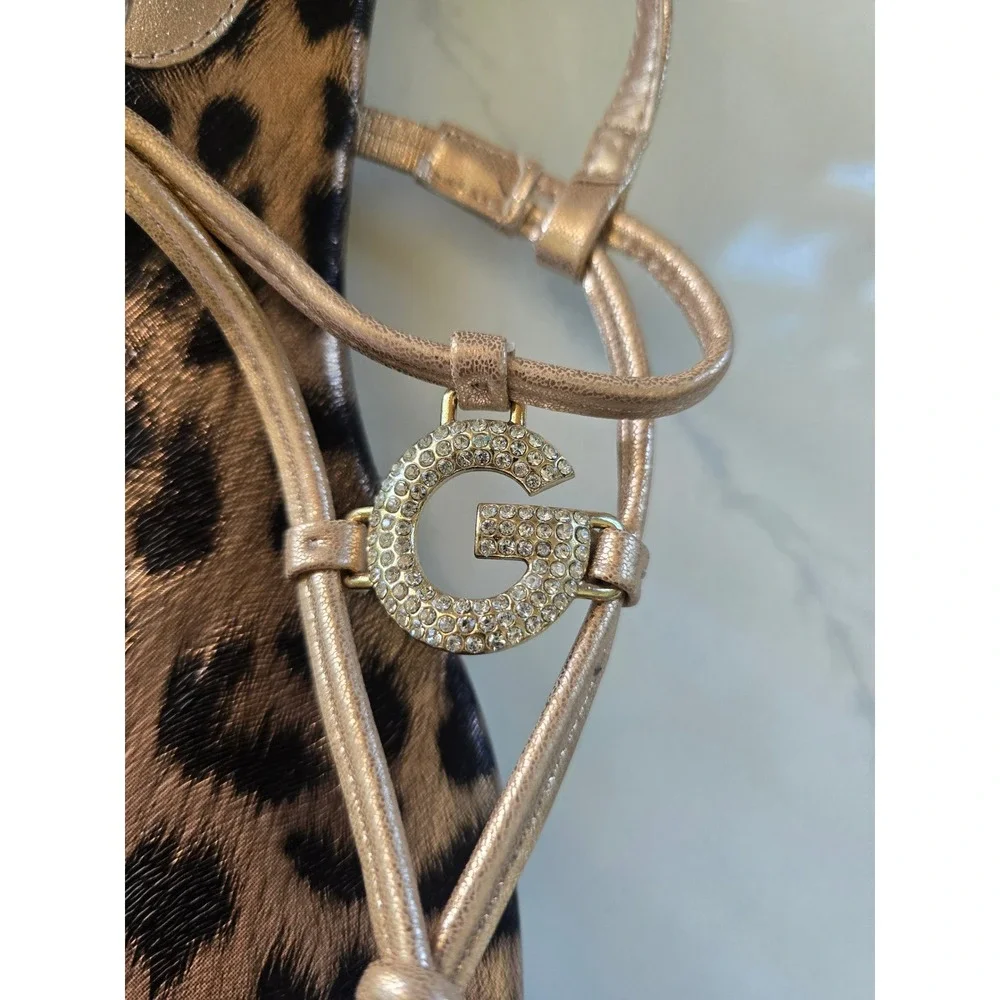 GBG Guess Los Angeles Womens Leopard‎ Print Rhinestone G Logo Sandals Gold 10M